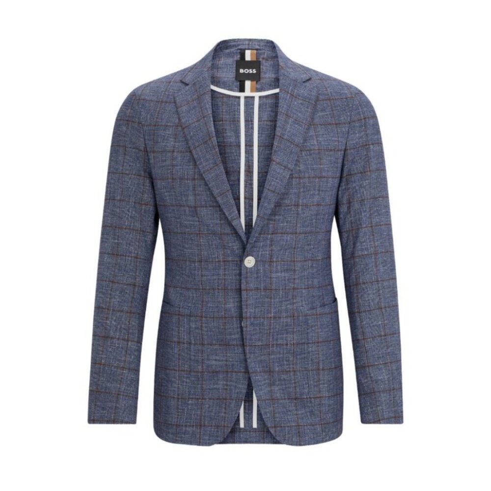 Hugo Boss Slim-Fit Micro-Patterned Jacket Blue Checkered Linen Cotton Blend Sz L